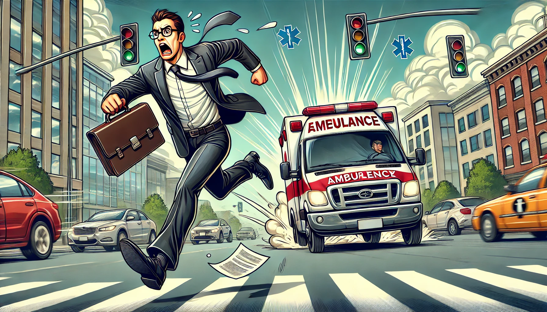 Create an Image of a Lawyer Chasing an Ambulance